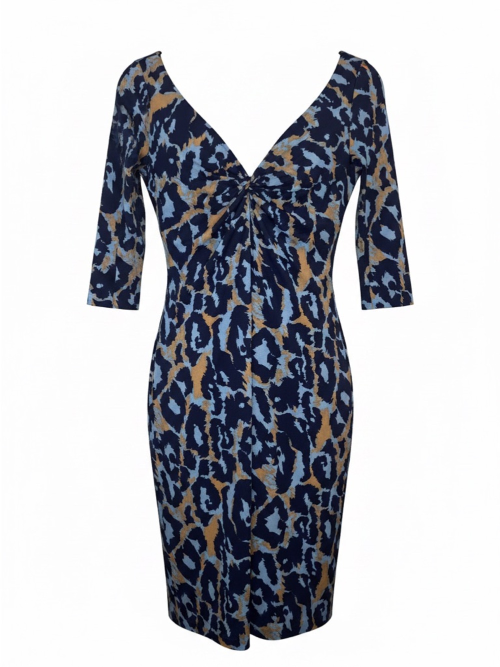 Diane Von Furstenberg Navy, Blue & Tan Leopard Print Silk Jersey Dress Sz 4